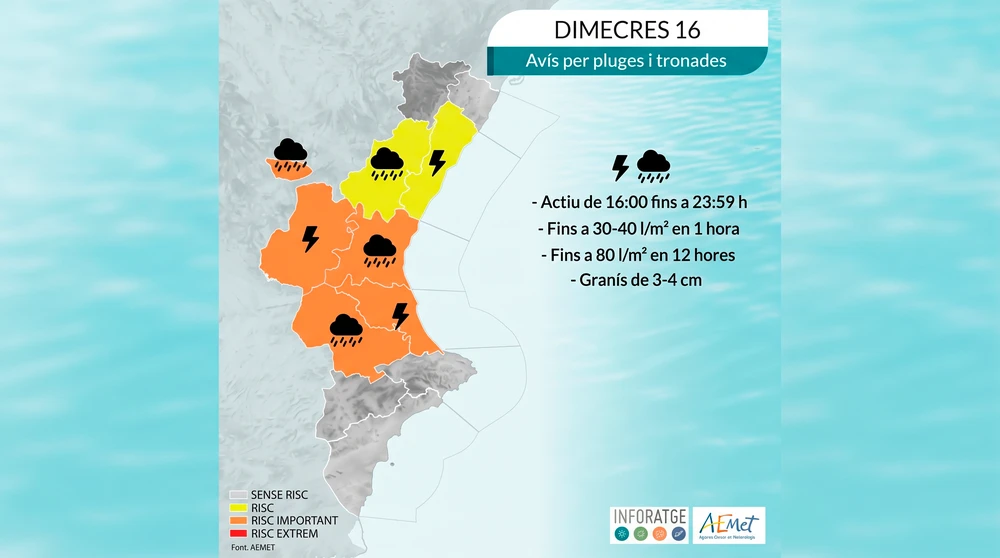 L'AEMET activa l'avís taronja per fortes tempestes i pedra demà dimecres